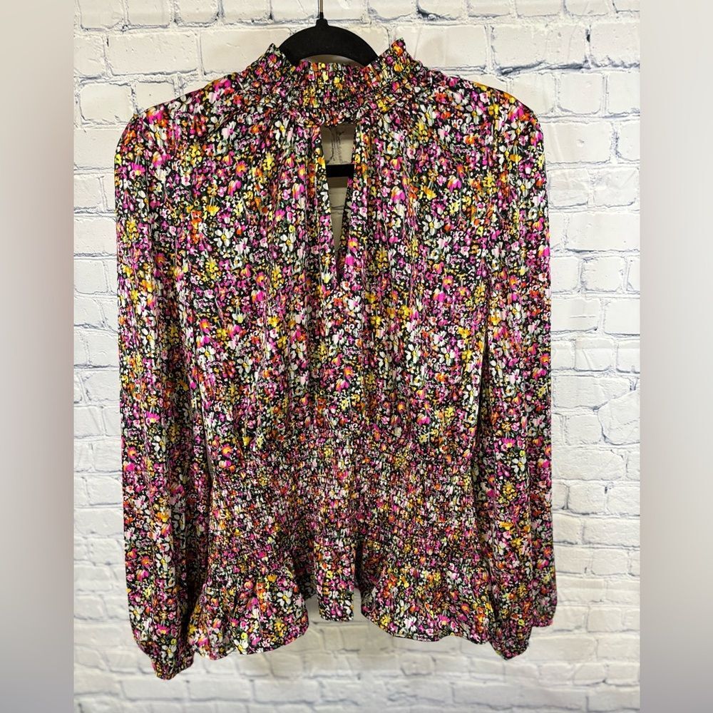 Steve Madden Natalie Ditsy Floral Ruffle Romantic Mock Neck Keyhole Satin Top L